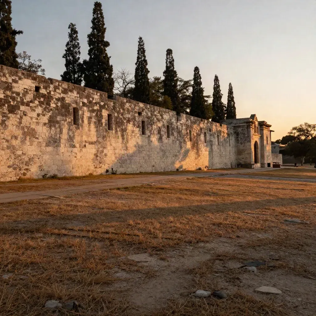 Sunlit mission wall with cypress trees above a calm open foreground at sunset