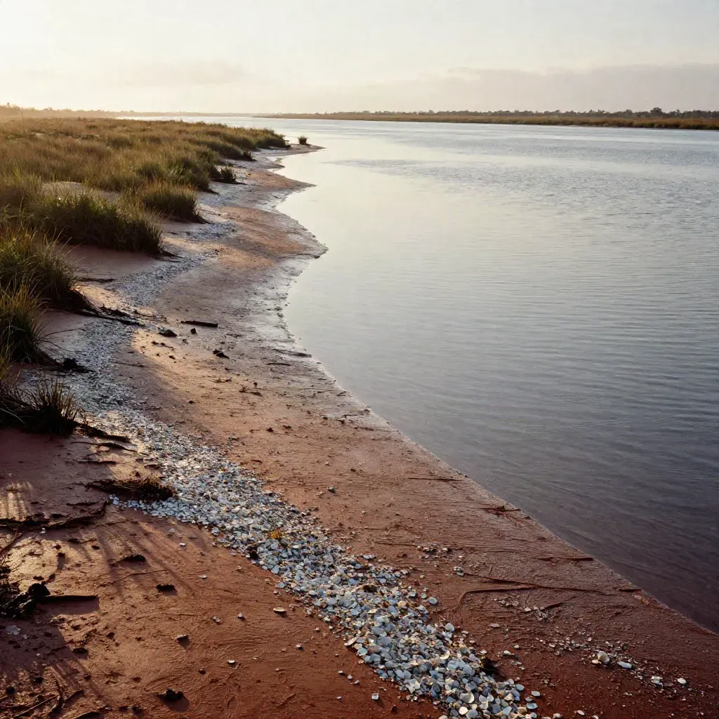 Hazy Galveston marsh with tidal water, cordgrass, and warm raking light
