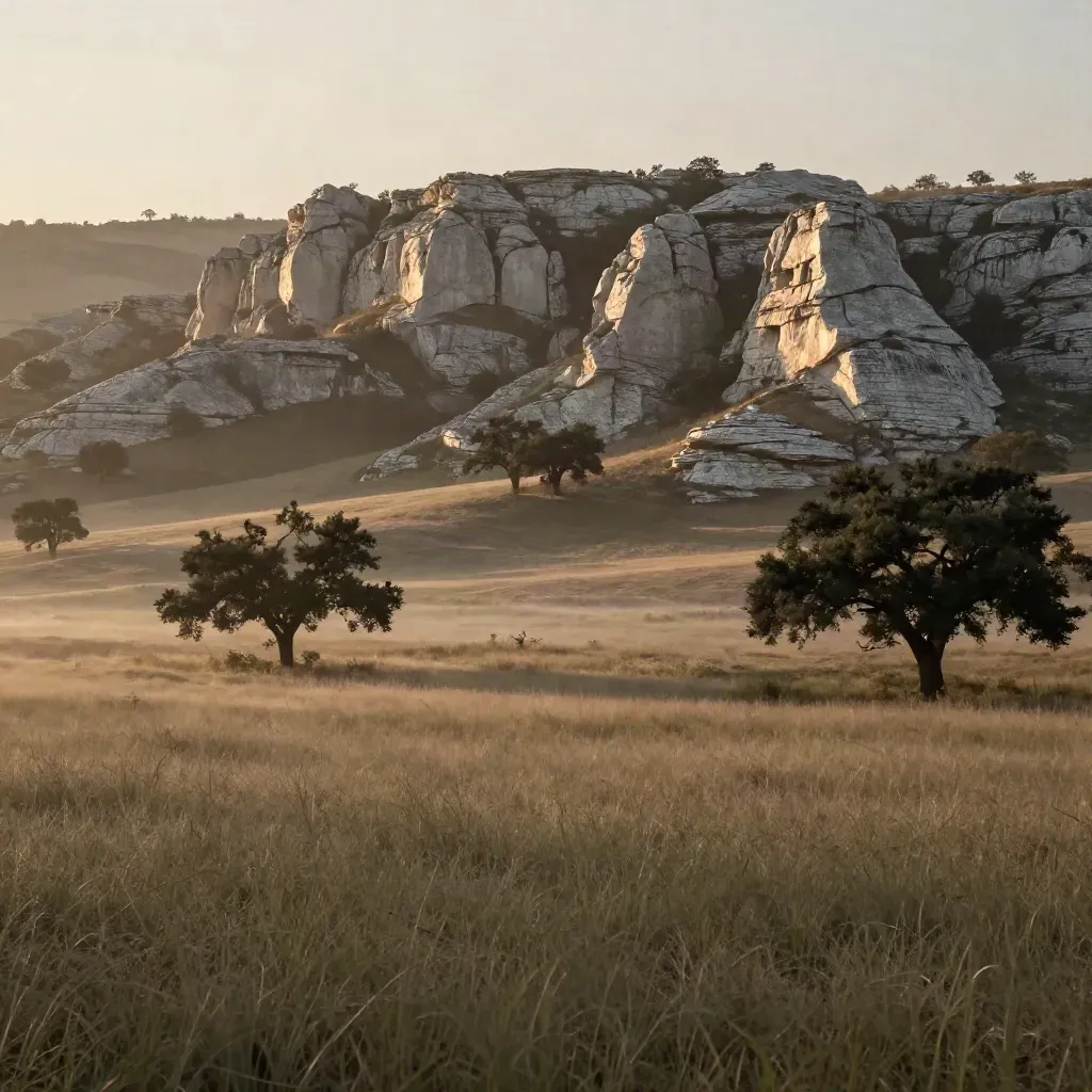 Hill Country limestone ridges above hazy pasture at golden hour