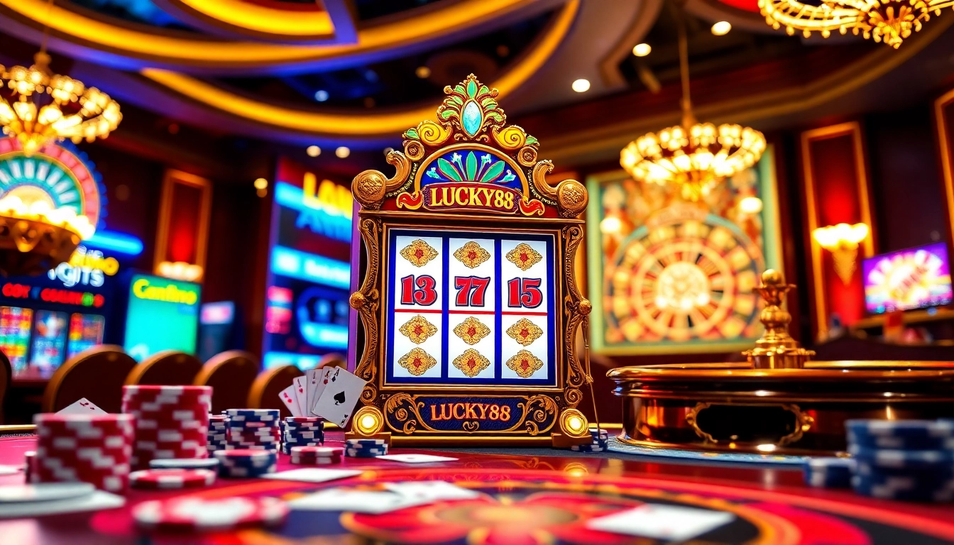Experience the excitement of LUCKY88 with vibrant slot machines and casino elements.