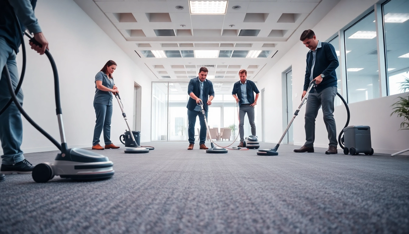 Efficient commercial carpet cleaning by a professional team in a bright office environment.