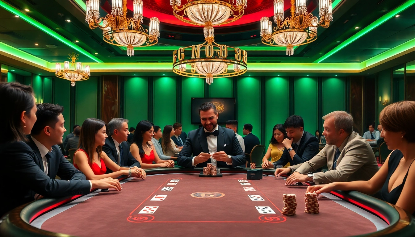 Excited players enjoying a high-stakes game at Good88's luxurious poker table in a vibrant casino.