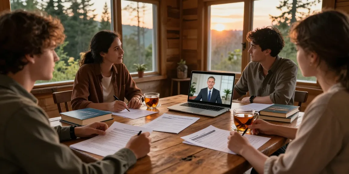 Individuals discussing how to cancel timeshare contracts around a cozy cabin table.