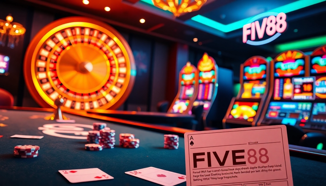 Engage with the luxurious gaming environment featuring FIVE88 casino tables and vibrant slot machines.