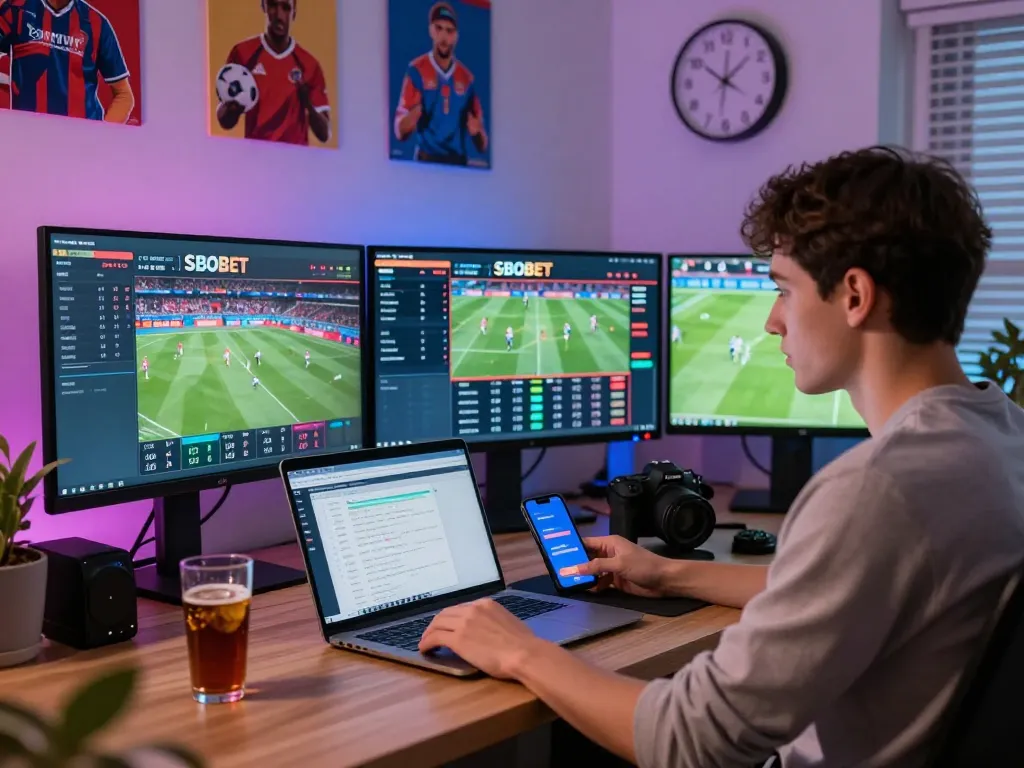 SBOBET sports betting enthusiast analyzing odds with multiple screens in a modern home office.