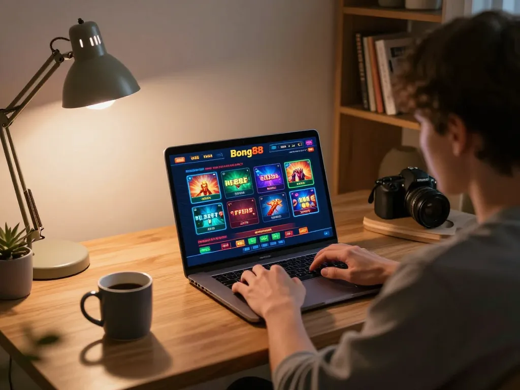 Bong88 app displayed on a laptop during a strategic online betting session in a cozy home setting.