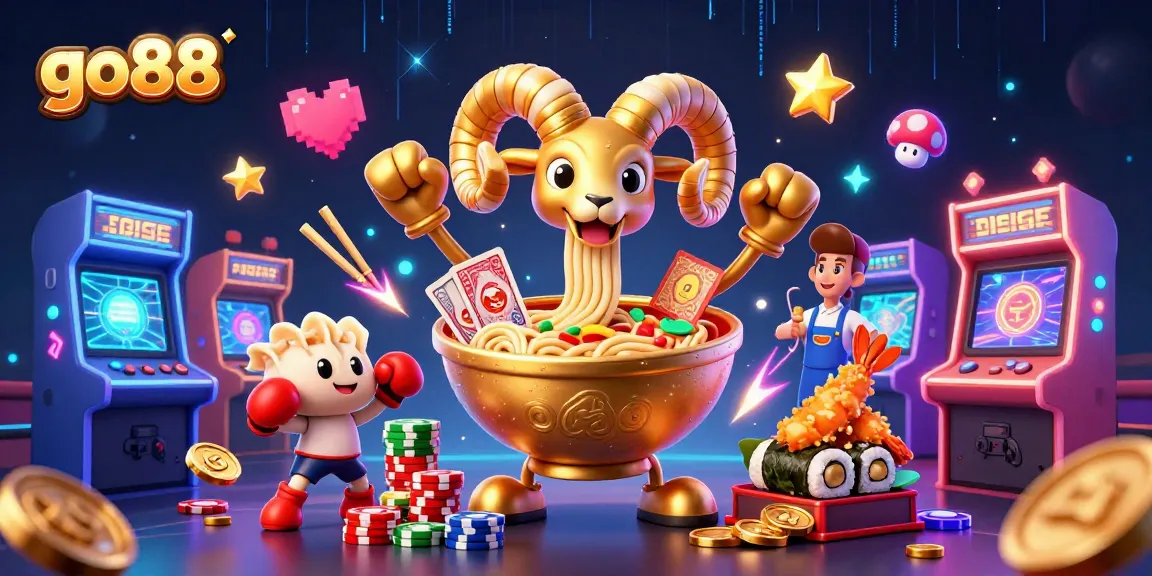 Go88 giant ramen bowl dealing cards in a colorful casino gaming scene.
