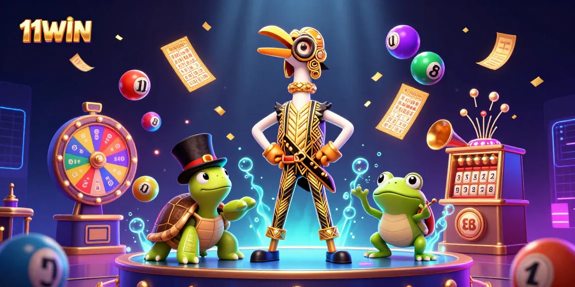 11WIN showcases a vibrant 3D scene with a colorful lottery theme, featuring a flapper crane, turtle, and frog.