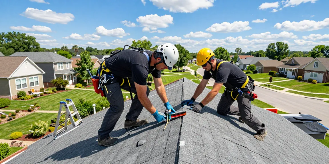 Roofing professionals installing GAF shingles on a residential home, demonstrating expert craftsmanship.