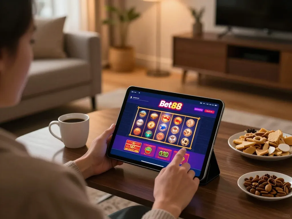 Engaging gameplay on Bet88 app, showing winning slots on a tablet in a cozy, home atmosphere