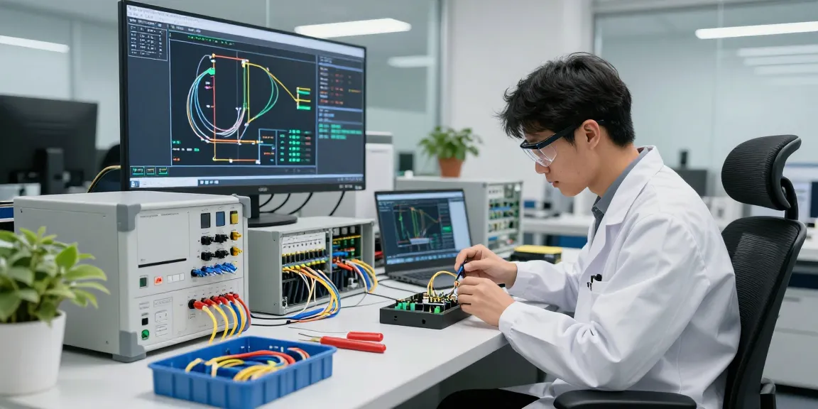 Technician assembling lc connectors with precision in a modern tech workspace, showcasing fiber optic cables and testing equipment.