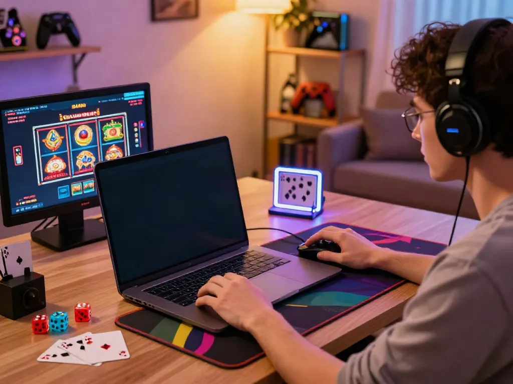 Person playing online games on DA88 platform in a cozy workspace.