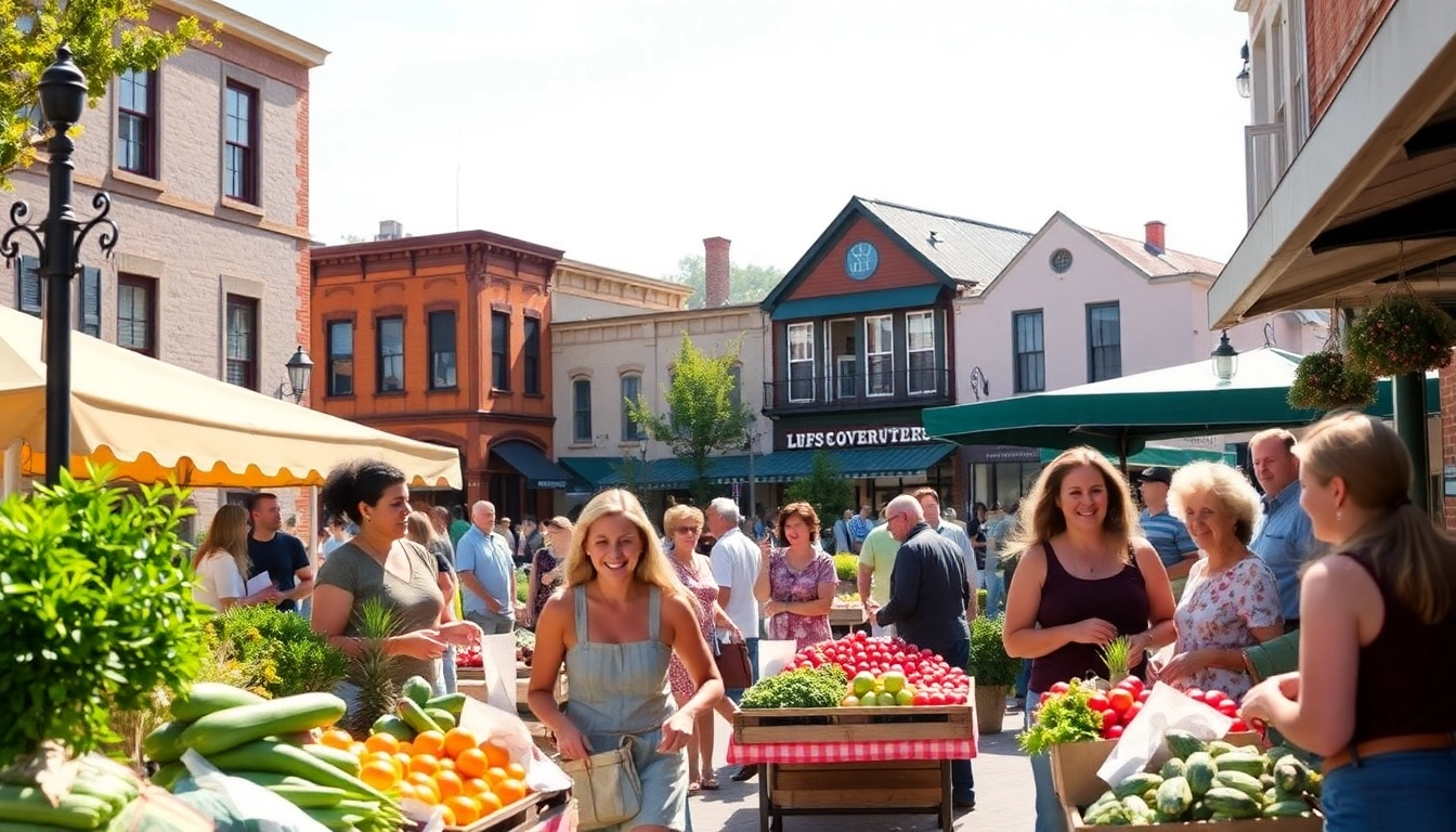 Engaging scene in Clarksburg featuring a vibrant farmer's market with smiling vendors.