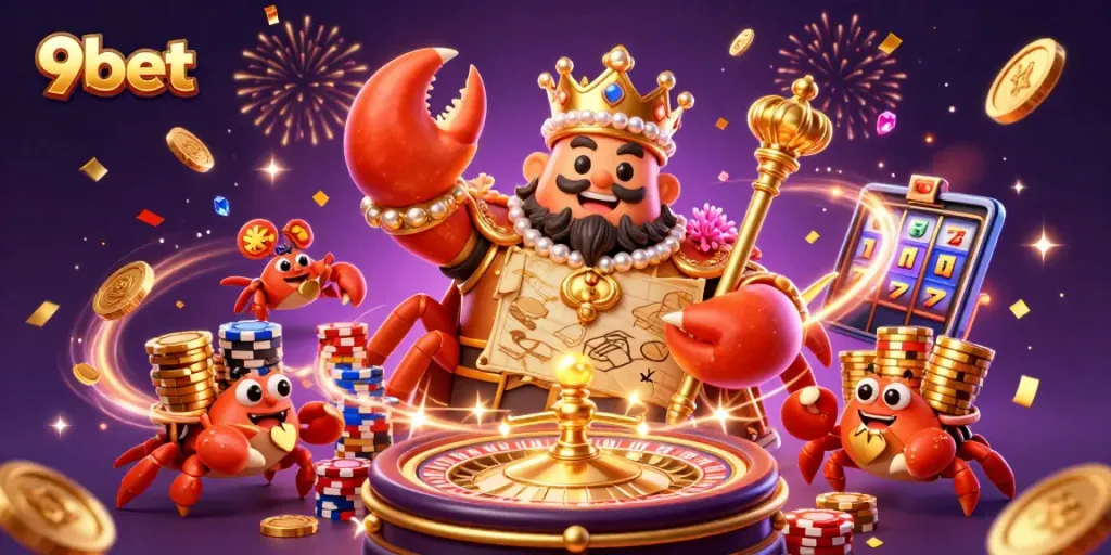 Engage in thrilling gameplay at 9bet with a dynamic scene of a golden crab emperor amidst casino elements.