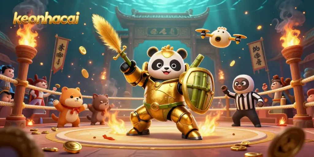 Experience the excitement of keonhacai in a vibrant betting arena with cheering spectators and a dynamic panda robot.