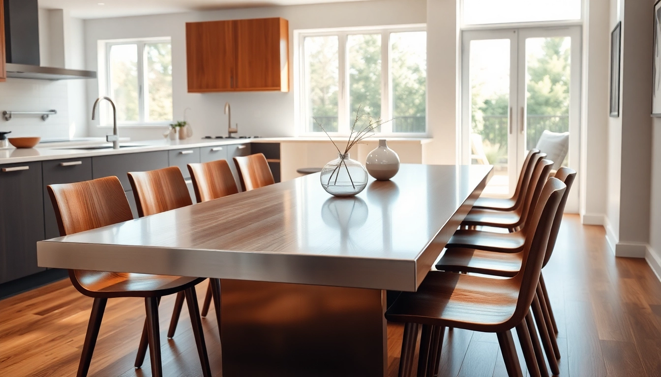 Stylish steel table for kitchen enhancing modern decor with elegant design.