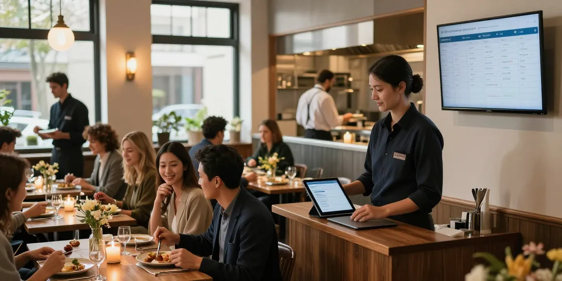 Dynamic restaurant scene with staff managing reservations using free restaurant reservations software, creating an inviting atmosphere.