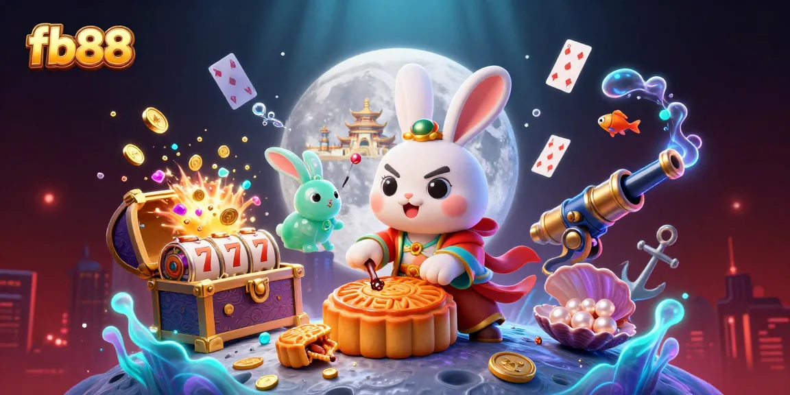 Engage with fb88's vibrant casino world, where a moon rabbit uncovers poker chips among rich treasures.