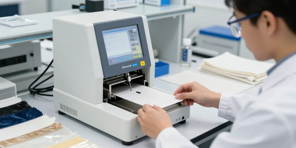 Elmendorf tearing test demonstrating precise measurement of fabric strength in a modern lab setting.