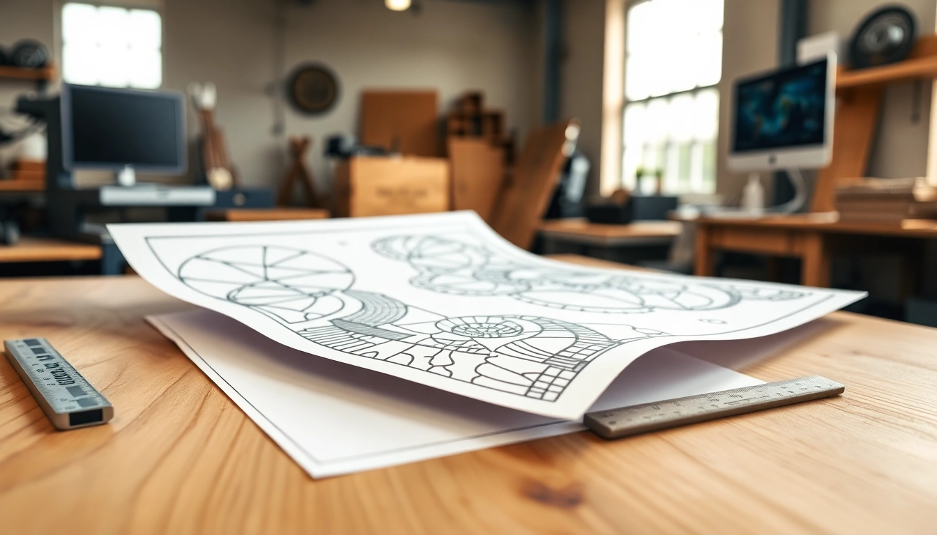 Creating precision dxf file for laser cutting designs on a workbench with blueprints.