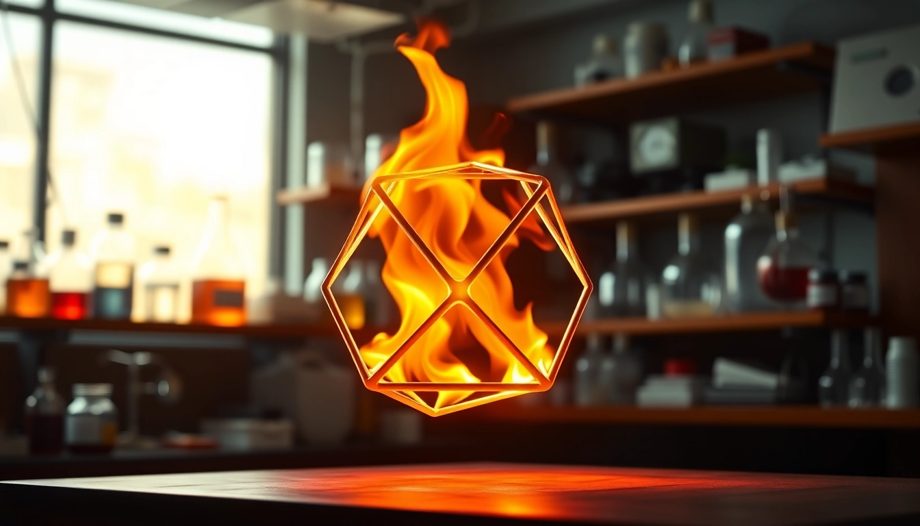 Visual representation of the fire tetrahedron showcasing heat, fuel, oxygen, and chain reactions.