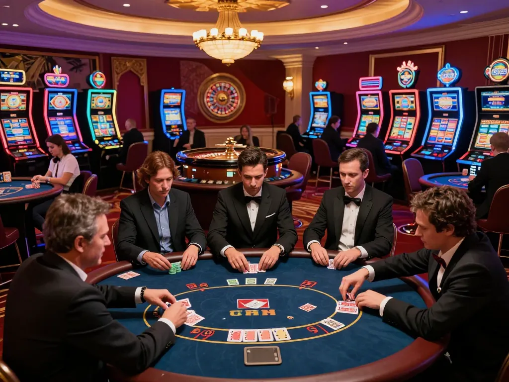Players engage in a strategic poker game at Sunwin casino, surrounded by vibrant neon lights.