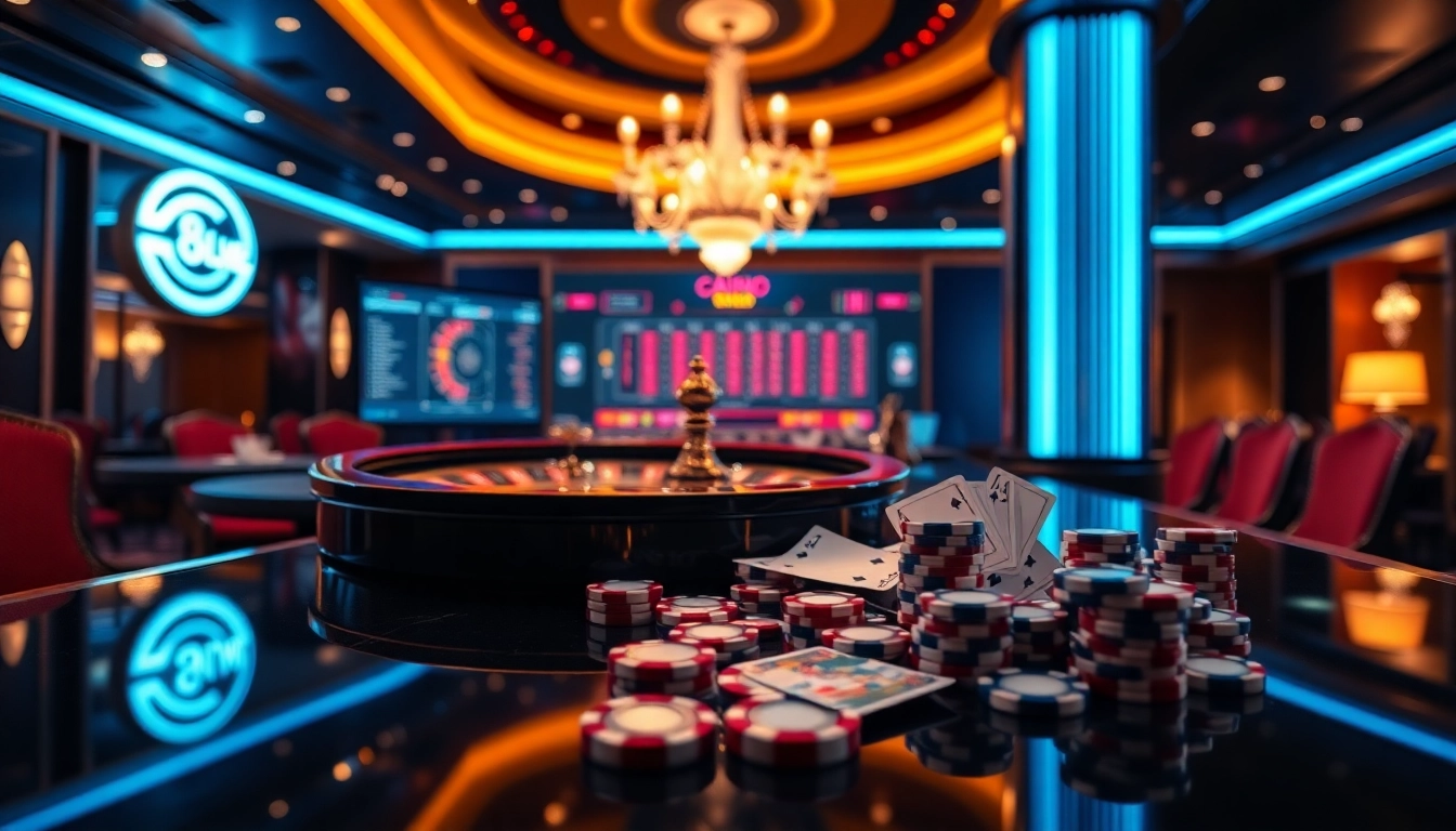 Experience the thrill of link vào 8live with a vibrant casino scene filled with roulette wheels and playing cards.
