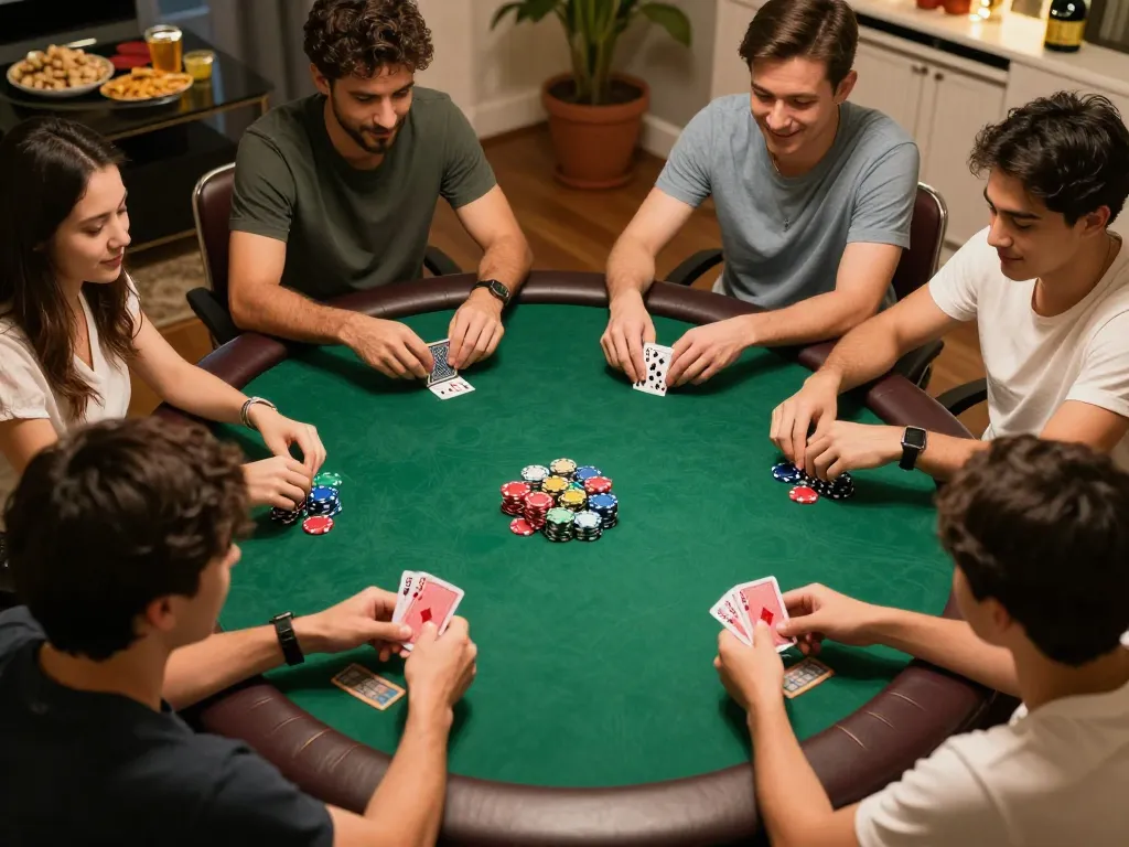 Engaged friends playing poker at home, showcasing vk88 gaming experience with chips and cards.