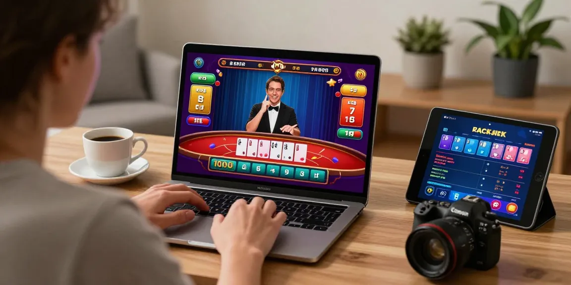Baccarat online gaming scene with player at laptop, showing engaging gameplay and betting options.