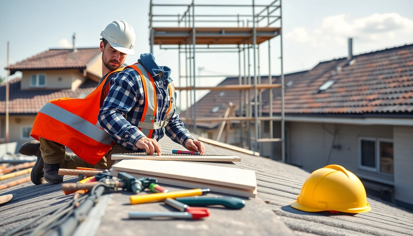Engaged roofing apprenticeship trainee working diligently on-site, showcasing skills and safety.