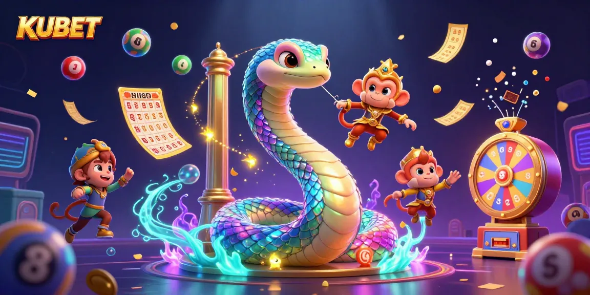 KUBET enhances gaming excitement with a vibrant 3D scene featuring lottery balls, a rainbow serpent, and a playful monkey king.