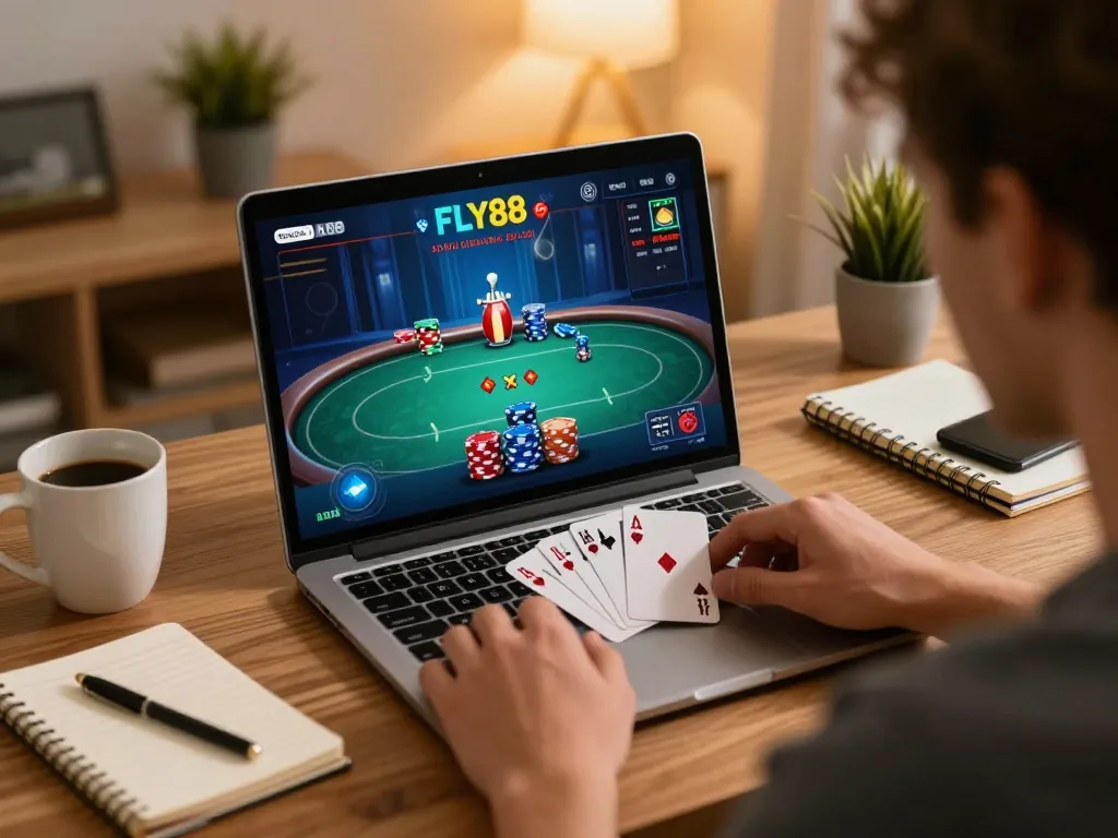 Player engages with Fly88 casino platform in a cozy home setting, showcasing strategic online gaming.