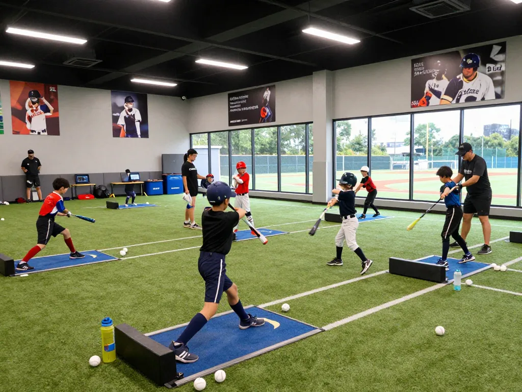 HitClub athletes training indoors with advanced equipment in a vibrant baseball facility.
