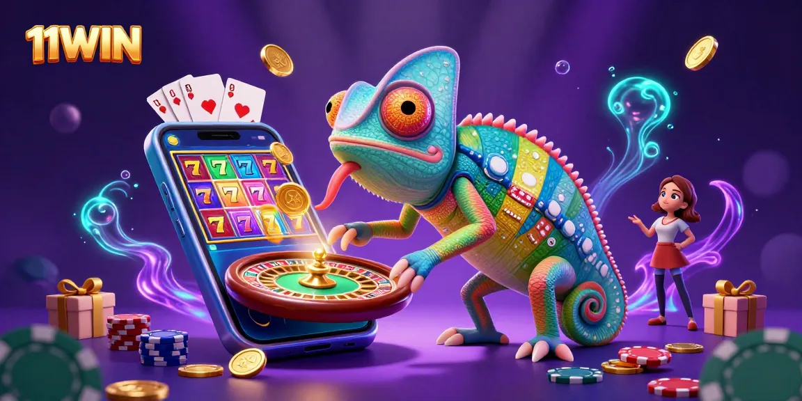 Engage with 11WIN's thrilling casino world featuring a vibrant chameleon and exciting game elements.