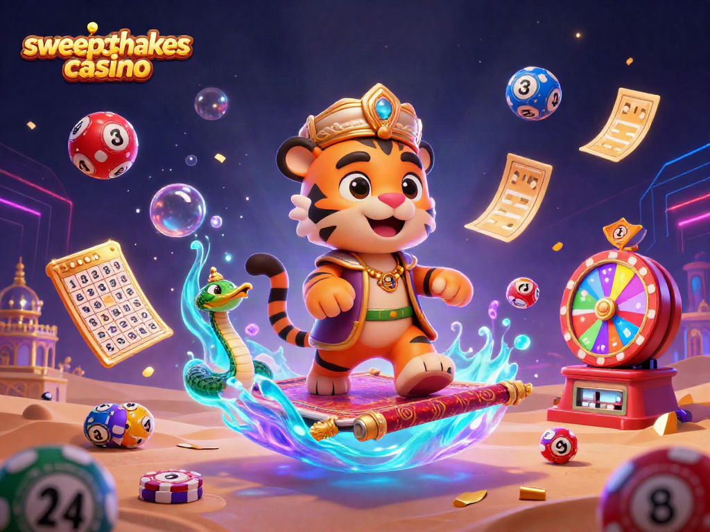 Sweepstakes casino vibrant scene with a tiger sultan, magical genie, and colorful lottery elements