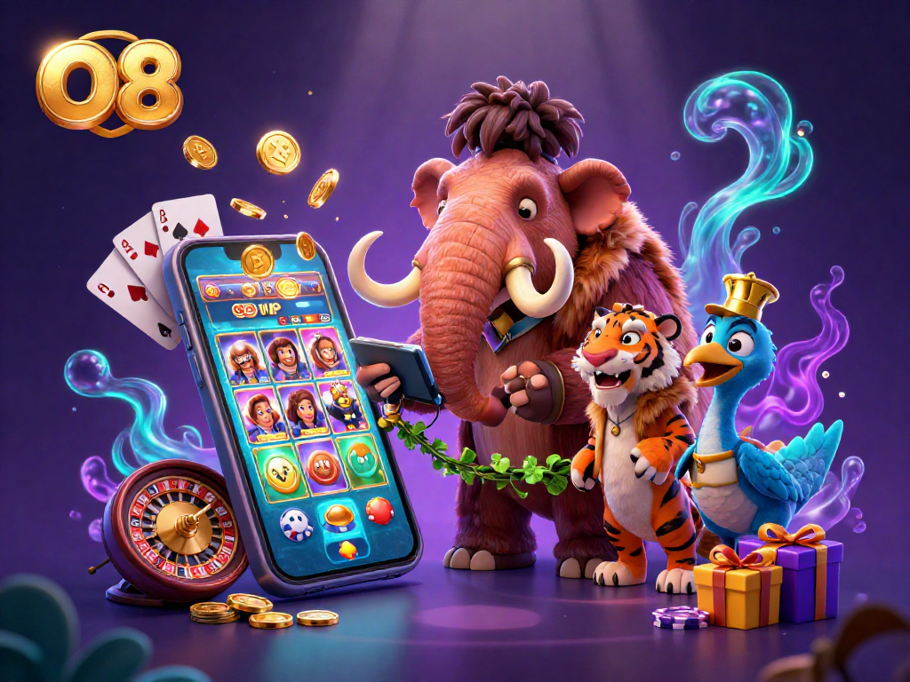O8 brings excitement as a woolly mammoth checks IDs for a colorful slot game in a vibrant casino
