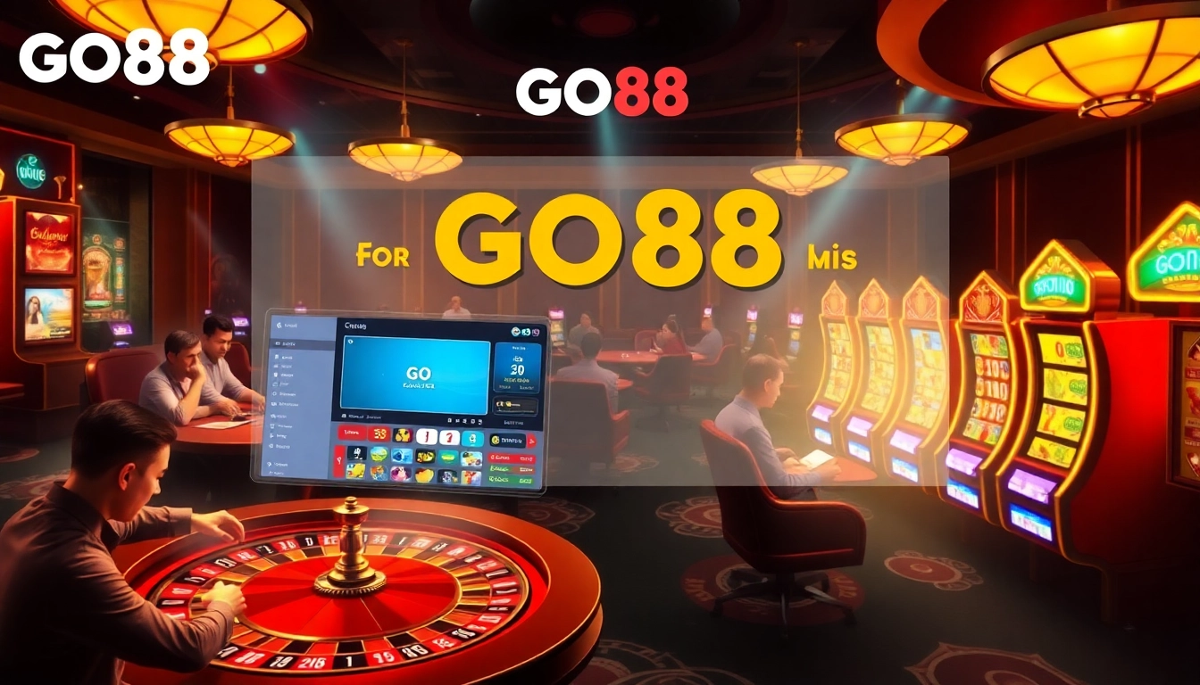 Engaging scene showcasing gambling excitement at Trang Chủ GO88, featuring poker tables and vibrant slot machines.