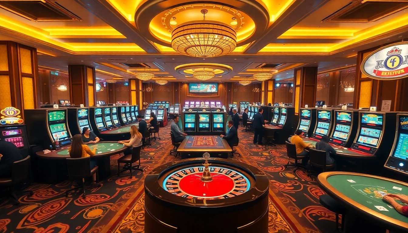 Players enjoying a dynamic gambling experience at KJC casino, featuring slot machines and poker tables.