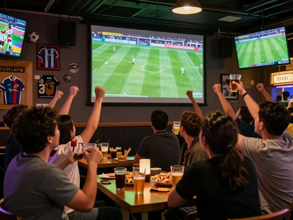 Socolive TV xem bong da with fans cheering at a lively sports bar, showcasing excitement during a live football match.