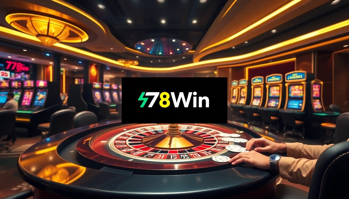 Exciting gaming action at 78Win casino with roulette and slot machines.