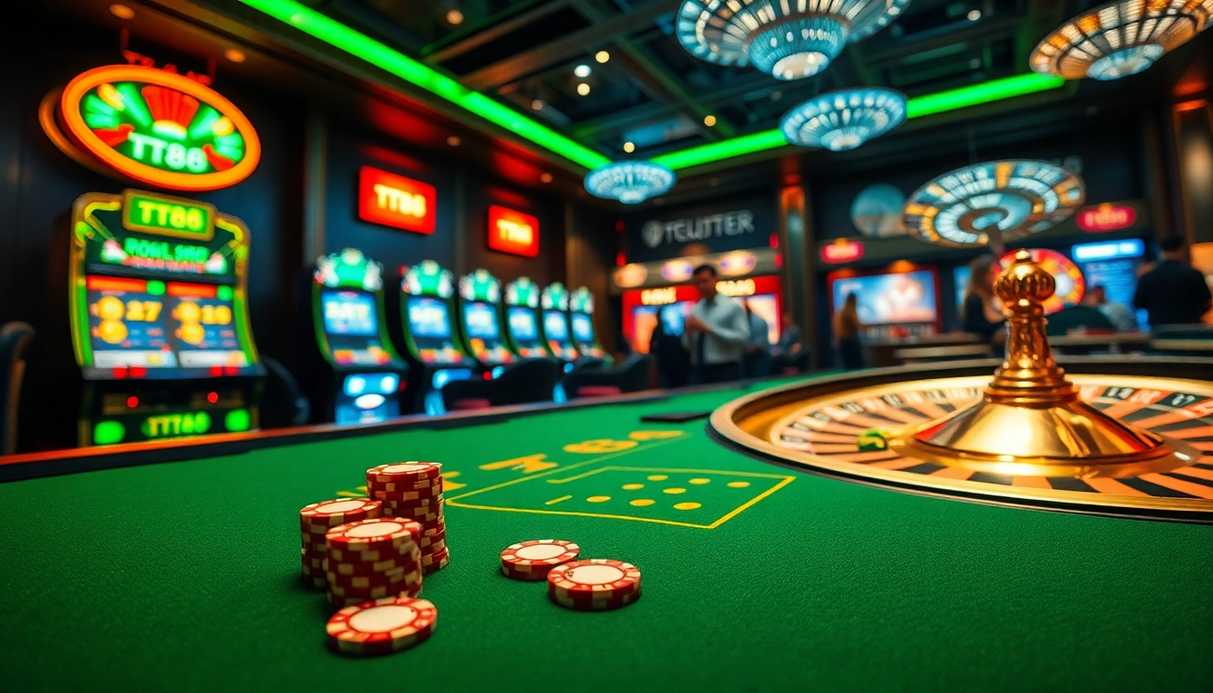 Experience the thrill of TT88 with vibrant casino visuals, poker chips, and a roulette wheel.