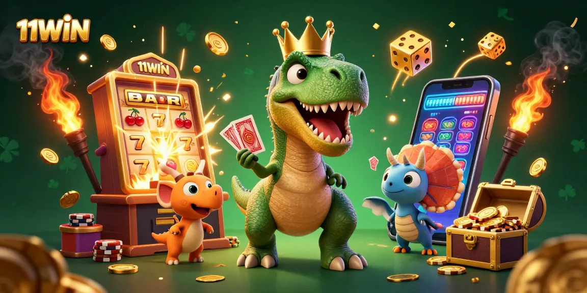 Experience thrilling games at 11WIN, illustrated with a fun T-Rex and vibrant casino elements.