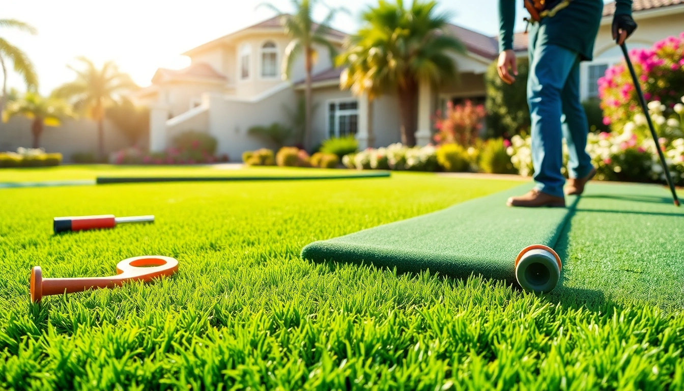 Artificial turf installation Bay Area with workers laying quality grass in a sunny yard.