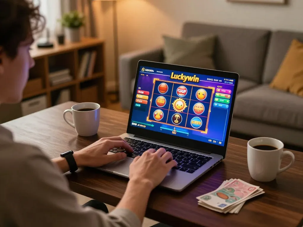 Playing Luckywin slots on a laptop at home with colorful game interface and cozy atmosphere
