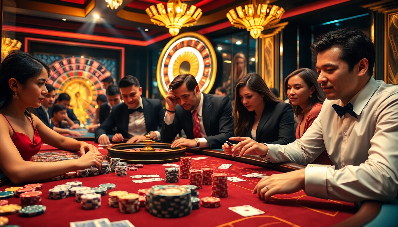 Dynamic casino scene with players enjoying keonhacai betting strategies at a poker table.