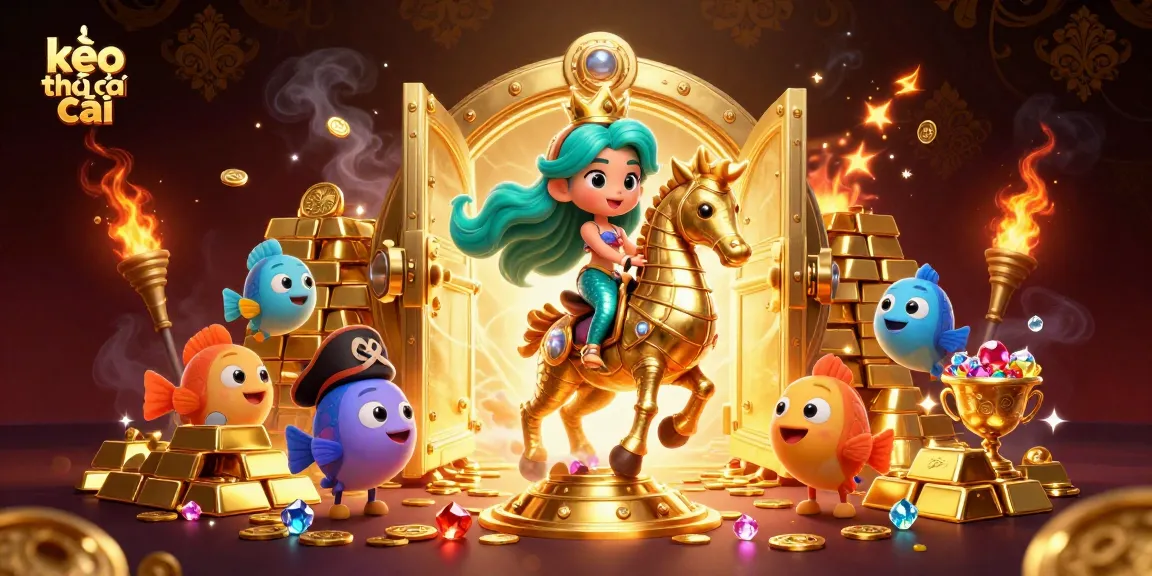 Engage with kèo nhà cái as a mermaid princess, seahorse, and colorful fish surround golden treasures.