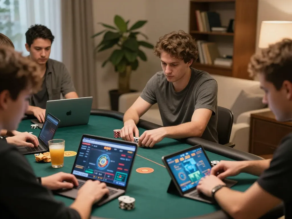 Players engaging in an intense online poker game on lucky88i platforms, showcasing dynamic action and cozy atmosphere.