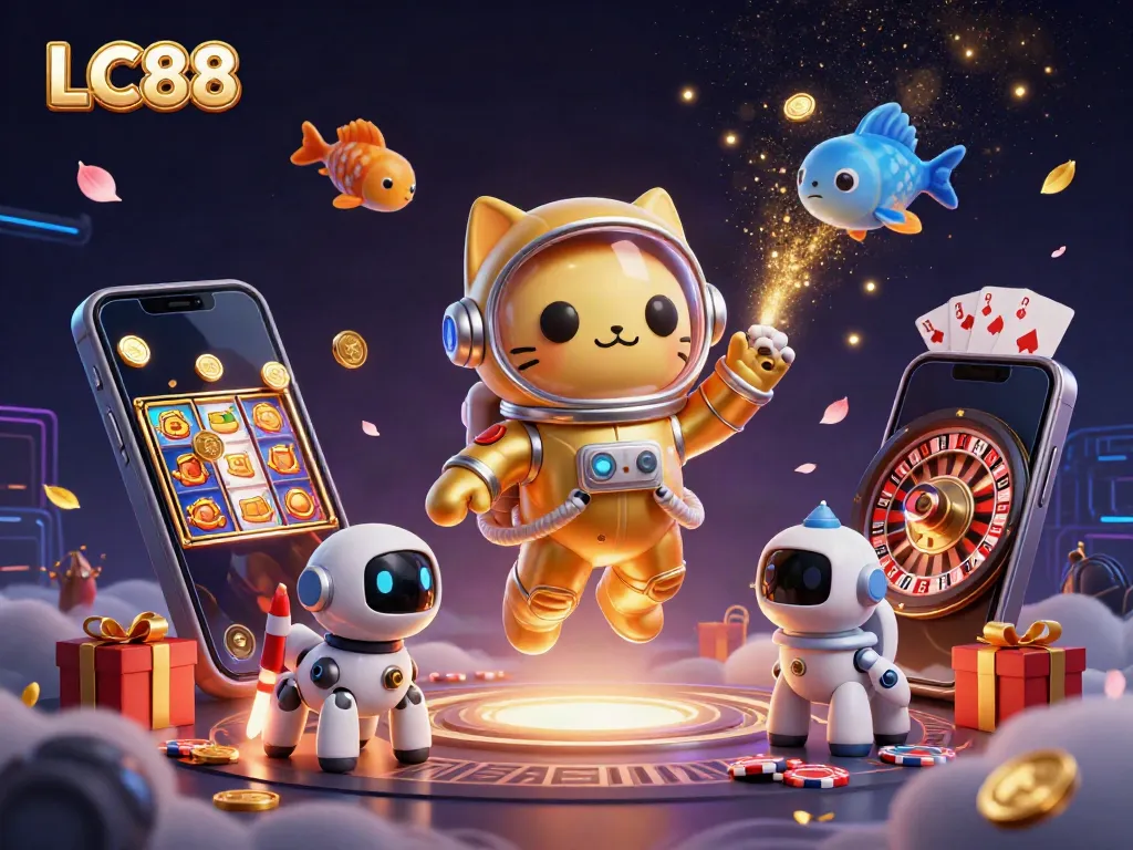 Experience exciting gaming with LC88 as a space astronaut cat and robot dog, amidst vibrant slots.