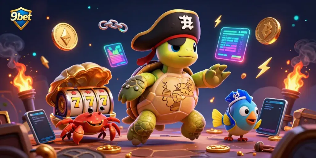 Experience daily wins with 9bet in this vibrant 3D casino illustration featuring unique characters and gaming elements.