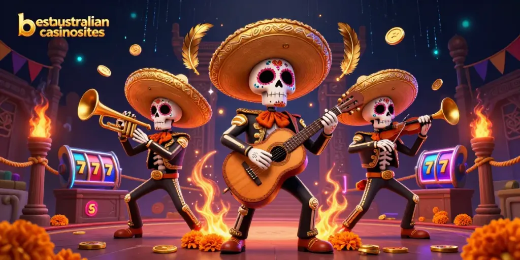 Experience the vibrant world of online pokies with bestaustraliancasinosites featuring lively mariachi skeletons.